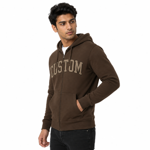 Sweat à capuche pour homme à coupe classique, marron, entièrement zippé, en molleton de coton, avec lettres brodées style universitaire, poche kangourou, streetwear d'hiver, marque privée - Product Image 2