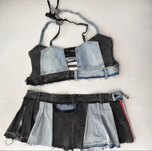 Premium Solid Streetwear <b>Stretch</b> <b>Denim</b> Two-Piece Outfit <b>Women's</b> Skirt Set Quick Dry Lightweight - Product Image 1
