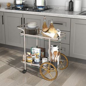 Carrello Bar a 2 Ripiani in Vetro Temperato con Ruote in Alluminio e Rotelle Girevoli - Product Image 2