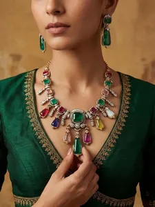 Parure de bijoux plaquée or avec perles d'imitation multicolores, collier et boucles d'oreilles, bijoux de créateur pour femme, mariage et soirée - Product Image 1