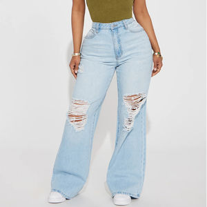Pantalon en jean déchiré pour femme, coupe droite, taille mi-haute, délavage clair, style décontracté urbain, personnalisable, prix de gros - Product Image 1