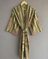Robe Kimono Décontractée Grande Taille à Imprimé Animalier, 100% Coton, Manches Longues, Col en V, Style Vintage à Motifs Floraux
