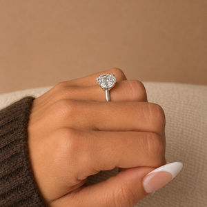 4 TCW Oval Cut Three <b>Stone</b> Lab Grown Diamond Engagement <b>Ring</b> Side Half <b>Moons</b> 14k White Gold IGI Certified VVS2 Clarity E Color - Product Image 2