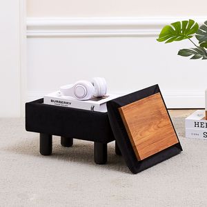 Poggiapiedi Moderno in Lino con Contenitore, Gambe in Legno Massello, Sgabello Decorativo per Ingresso e Palestra, Sgabello per Divano e Soggiorno - Product Image 4