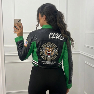 Chaqueta Bomber Corta de Mujer con Logotipo Personalizado, Estilo Varsity, de Punto con Bordado Chenille y Estampado de Cuero, para Otoño - Product Image 2