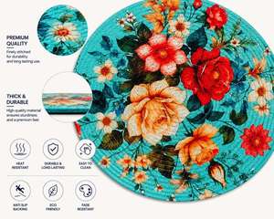 Turquoise Background Floral Print <b>Round</b> <b>Placemat</b> Polyester Table Decor Mat for Modern Dining - Product Image 4
