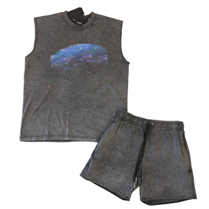 Men's Two-Piece <b>Knitted</b> Cotton Acid Wash Short <b>Set</b> Sleeveless Men's T-Shirt Raw Edge Sweat Shorts for Summer Formal 3D Pattern - Product Image 2