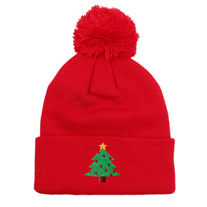 Bonnet en tricot d'hiver noir brodé avec pompon, motif sapin de Noël - Product Image 5