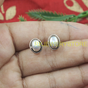 Natural Mother of Pearl Stud Earrings 925 Sterling Silver Handmade Oval Cabochon Vintage Statement Jewelry Gift for Women <b>Wife</b> - Product Image 6