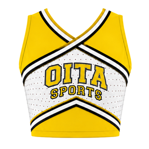 Haut court de cheerleading sans manches jaune, blanc et noir pour femme, col en V, uniforme de performance athlétique pour équipe, compétition sportive - Product Image 1