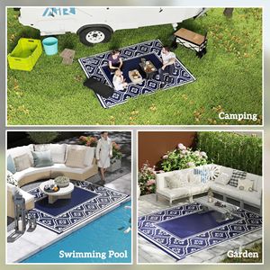 Tappeto impermeabile reversibile esterno blu e bianco bordo zucca 8 'X 10' con borsa porta con bordo in paglia - Product Image 5