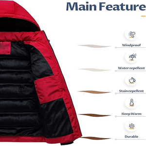 Blouson matelassé à capuche pour homme, rouge et noir, coupe-vent, en polyester, fermeture éclair, manteau d'hiver décontracté et épais - Product Image 6
