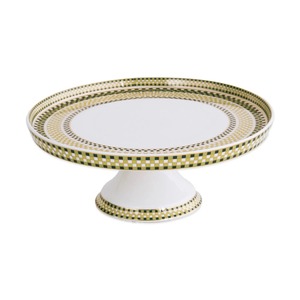 Support à gâteau rond en céramique avec motif à carreaux vert et or, lavage à la main uniquement - Product Image 1