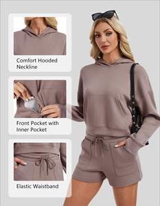 Ensemble 2 pièces streetwear pour femme : sweat à capuche et short, 100 % coton molletonné respirant anti-boulochage, col montant, coupe classique, toutes tailles - Product Image 5