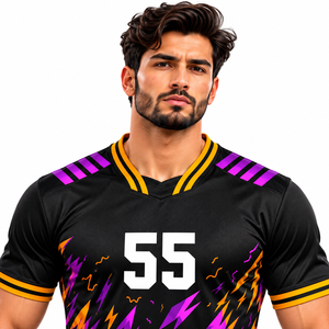Maillot de football noir avec motifs d'éclairs violets et jaunes et numéro personnalisé – Tenue de football - Product Image 5