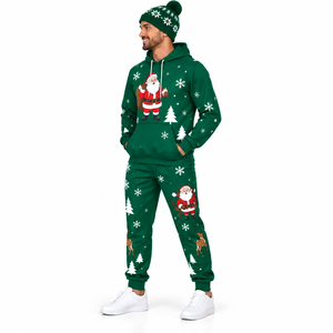 Men Christmas Tracksuit Hoodie Jogger Set Green Santa Print Casual Winter Sweatpants Full Sleeve Breathable Regular Fit - Product Image 5