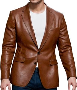 Blazer de Cuero Genuino Marrón para Hombre, Corte Entallado, Cuello Camisero, Botón Único, Estilo Casual Elegante para Otoño - Product Image 1