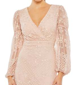 Vestido de noche rosa rubor con lentejuelas, cuello en V, cintura imperio, cola capilla, largo hasta el suelo, de gasa - Product Image 6
