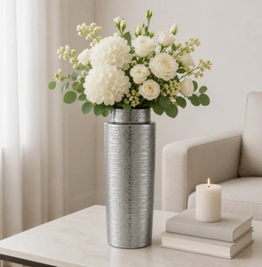 Ensemble de 2 vases décoratifs en métal argenté - Vases cylindriques texturés de grande taille pour la décoration moderne et luxueuse de la maison, centre de table - Product Image 3