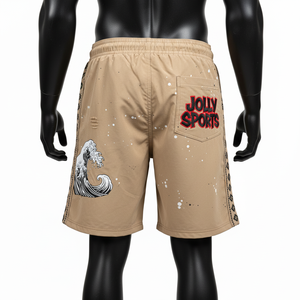 กางเกงว่ายน้ำชายคุณภาพสูง 150 GSM ผ้าไมโครไฟเบอร์โพลีเอสเตอร์ สีกากี ลายข้าง  รับสกรีนโลโก้ - Product Image 3