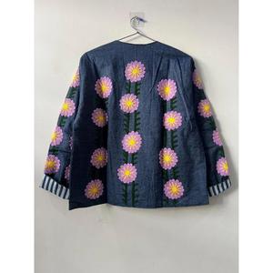 Handmade Denim Suzani Short Boho Embroidered Reversible Eco-Friendly Autumn Cotton Festival <b>Duster</b> Jacket Gift Her - Product Image 4