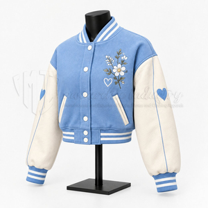 <b>Women</b>’s Blue Cropped <b>Varsity</b> <b>Jacket</b> With Floral Embroidery Heart Detail Letterman <b>Bomber</b> <b>Jacket</b> Streetwear - Product Image 3