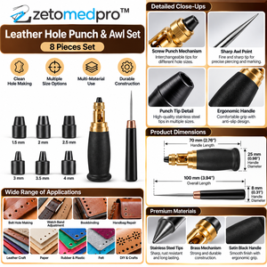8 Piece <b>Leather</b> Hole <b>Punch</b> and Awl Set Stainless Steel Interchangeable Tips 1.5-4mm Black Customized Leathercraft Tool ZETOMEDPR - Product Image 2
