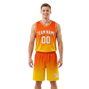 Ensemble short et maillot de basket personnalisé dégradé pour homme, sans manches, col en V, uniforme d'équipe, nom et numéro personnalisés, pour club et match, 100% personnalisable - Product Image 1