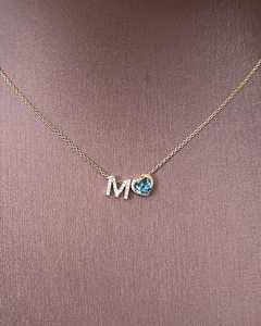 Toi Et Moi <b>Initial</b> Pendant <b>Necklaces</b> 14K Solid Gold Heart Cut Aquamarine Lab Diamond Bezel Set Solitaire Custom Alphabet Jewelry - Product Image 5