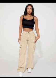 Jean cargo taille haute pour femme, coupe large, en denim tissé délavé avec poches fonctionnelles, idéal pour l'été décontracté – Grande Vente - Product Image 5