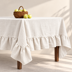 Mantel Redondo de Lino Blanco con Volantes, Estilo Lujoso, Hecho a Mano, Lavable, Moderno, Minimalista, Ecológico, Decoración para el Hogar y la Cocina - Product Image 1