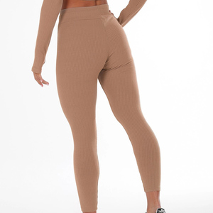 Wholesale Custom <b>Workout</b> High Waisted Rib Fabric Women Sportswear Fitness Solid Color Plus Size Yoga <b>Leggings</b> <b>With</b> <b>Pockets</b> - Product Image 2