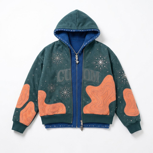 Sudadera con capucha personalizada con cremallera y pedrería, forro de punto de doble capa, patchwork, estilo oversize, efecto desgastado, de tejido grueso, corte holgado, tops de streetwear. - Product Image 4
