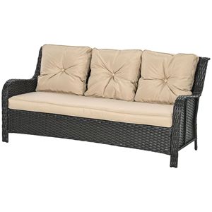 Set Divano da Esterno in Vimini Beige con 3 Posti, Braccioli Curvi e Cuscini Spessi - Product Image 1