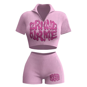 Conjunto de 2 Piezas para Mujer, Top Corto de Punto Acanalado con Estampado Brillante y Pantalones Cortos, Cuello Camisero, Manga Corta, Ropa Urbana, Primavera Verano - Product Image 3