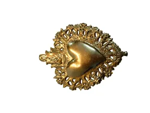Exvoto de Corazón Sagrado con Acabado Dorado Hecho a Mano, Decoración de Pared para Altar Católico, Corazón Ardiente, Artesanía Metálica Antigua para Diseño de Interiores - Product Image 3