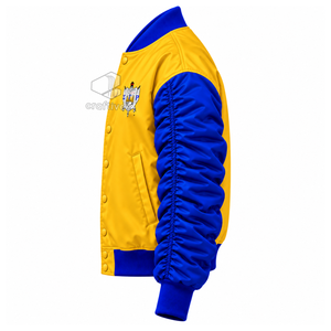 เสื้อแจ็คเก็ตวาร์ซิตี้สีสันตัดกันสำหรับผู้หญิง Sigma Gamma Rho ติดกระดุมด้านหน้าพร้อมตัวอักษรภาษากรีก แขนพองแบบรูช แจ็คเก็ตบอมเบอร์สไตล์วิทยาลัย - Product Image 3
