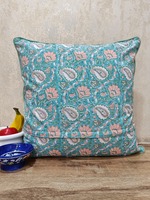 Housse de coussin anti-acariens 100% coton slub, imprimée à la main au bloc, motif Feuille Bleu Ciel Pistache, moderne, 45x45cm, avec fermeture éclair