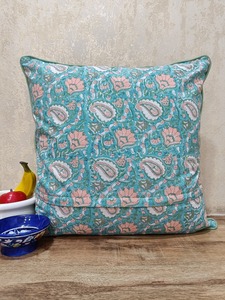 Real Hand Block Printed Pistachio Sky Blue Feuille Home 100% Cotton Slub Anti-Dust Mite Anti-Bacteria <b>Cushion</b> Cover Front <b>Back</b> - Product Image 6