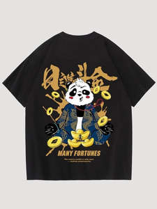 T-shirt Oversize Homme Many Fortunes Imprimé Panda Style Urbain Logo Avant Manches Courtes Col Rond Coupe Classique 100% Coton Séchage Rapide - Product Image 1