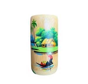 Pot à crayons en bambou peint à la main, motif coucher de soleil, rivière et bateau, organisateur de bureau rustique fait main, conteneur de rangement pour stylos. - Product Image 4