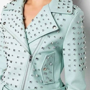 Veste moto en cuir PU bleu clair pour femme, col rabattu, fermeture éclair, manches longues, veste à rivets, style automne - Product Image 6