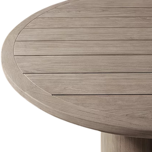 Scandinavian Minimalist <b>Outdoor</b> Dining <b>Table</b> Solid Teak <b>Round</b> Slatted Top Cylindrical Pedestal Base for Patio Garden Dining - Product Image 5