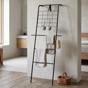 Étagère porte-serviettes autoportante en métal noir avec grille, organisateur de salle de bain industriel, 4 barres, support de serviettes de bain mobile - Product Image 2