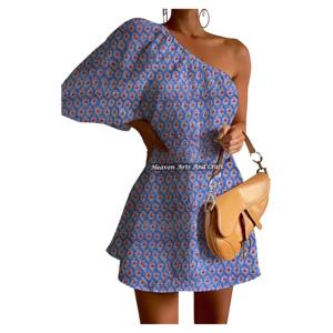 Nuevo Vestido de Verano Elegante para Mujer, de Algodón con Estampado a Mano, de un Solo Hombro y Manga Abullonada, para la Noche - Product Image 4