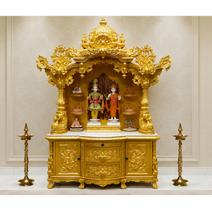 Traditional Swaminarayan Style Teak Wood Temple for Home Premium Gold Finish Hindu Temple Cabinet Intricately Carved Puja <b>Mandir</b> - Product Image 1