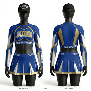 Uniforme de Animadoras de Manga Corta, Premium, 240 GSM, 100% Poliéster, Anti-UV, Transpirable, Azul, Dorado, Blanco, con Diseño de Logotipo Personalizado - Product Image 1