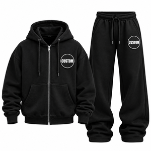 Ensemble de sweat-shirts à capuche zippés surdimensionnés unisexes pour homme et femme, avec logo brodé personnalisé, de haute qualité, en tissu French Terry noir 100% - Product Image 2
