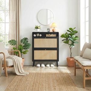Meuble de rangement à chaussures moderne en rotin avec structure en bois massif et 2 tiroirs rabattables pour appartement, entrée et salon - Product Image 4