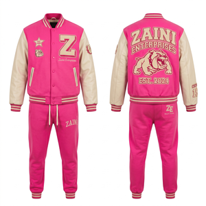 Mens Varsity Tracksuit 400 GSM Cotton Polyester Fleece Pink Cream Contrast Panel Custom Chenille <b>Embroidery</b> Applique Print - Product Image 1